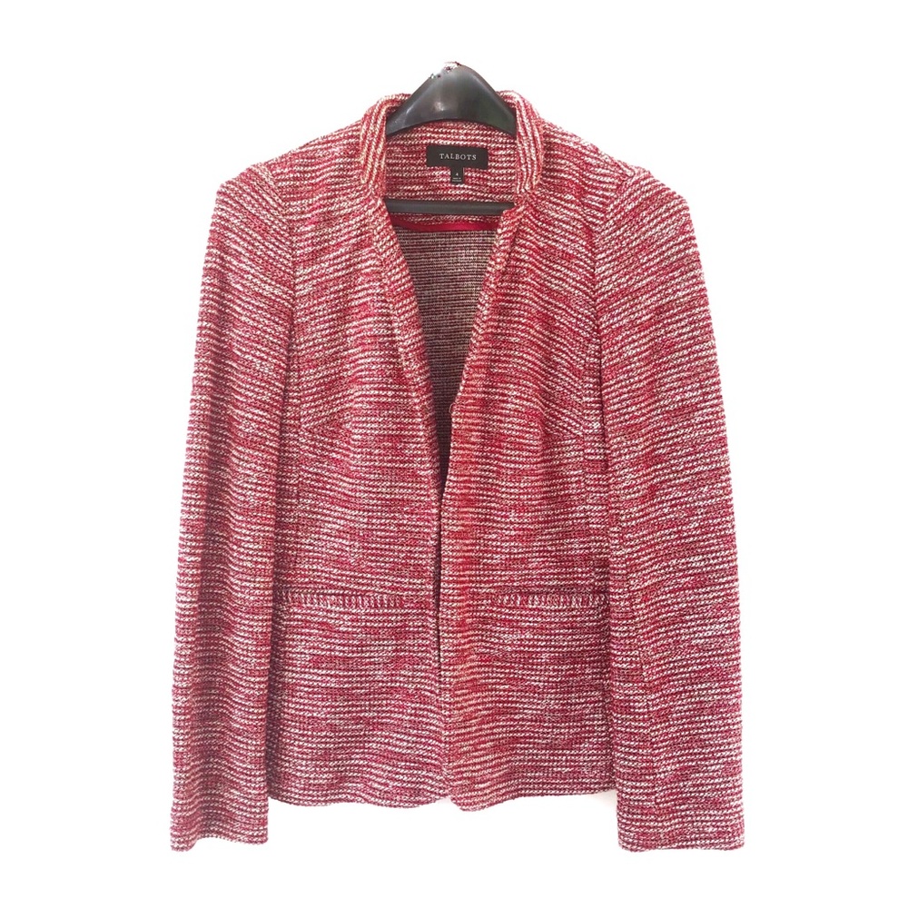 Talbots Blazer Red Tweed Open Career Suit Jacket Business Casual Cozy Coat EUC 4